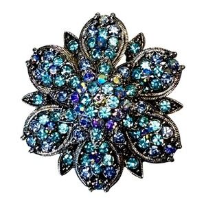 Floral Blue Rhinestone Brooch Statement 2" Silver-Tone‎ Sparkle Fairy